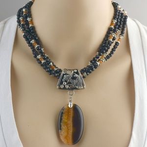 Faceted Black Glass & Agate Necklace Earring Set